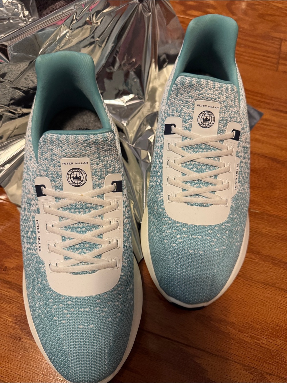 Peter Millar Women’s Knit Lace-Up Sneakers in Aqua Blue and White